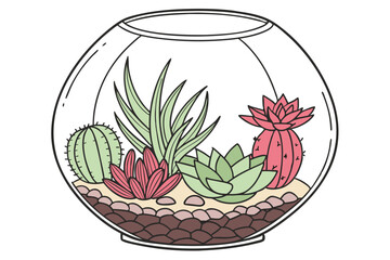  Photograph of a clear glass terrarium, filled with various types of small, low-maintenance succulents and cacti. The terrarium has a round shape with a wide base and a narrow opening at the top. Th