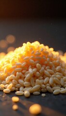 A mound of slender rice grains, light reflecting , gleaming, produce