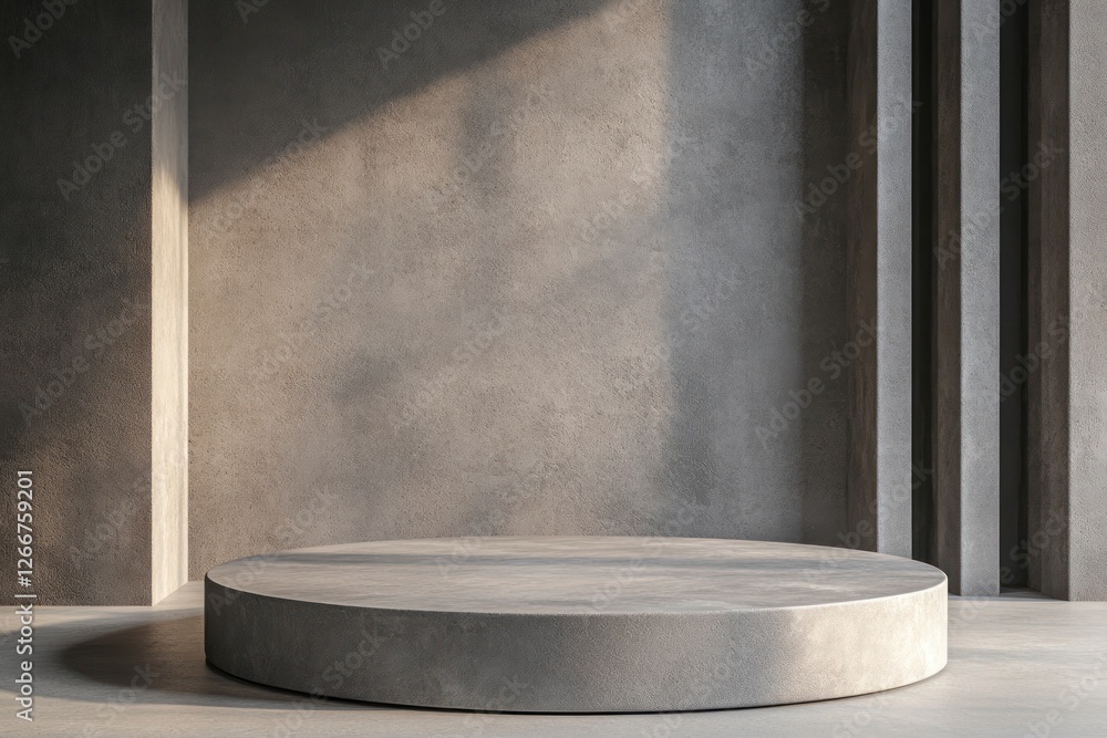 Poster simple gray podium with soft lighting for product display, set against an empty background. the roun