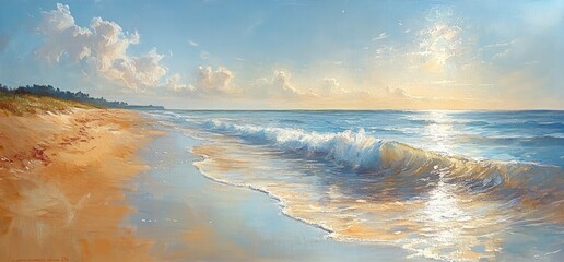 Beach Scene with Gentle Waves and Soft Light Reflecting on Sandy Shore Summer Vacation Landscape