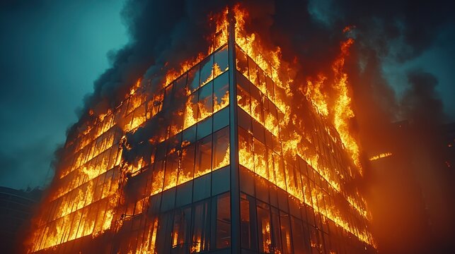 Burning office tower at night, fire engulfing skyscraper