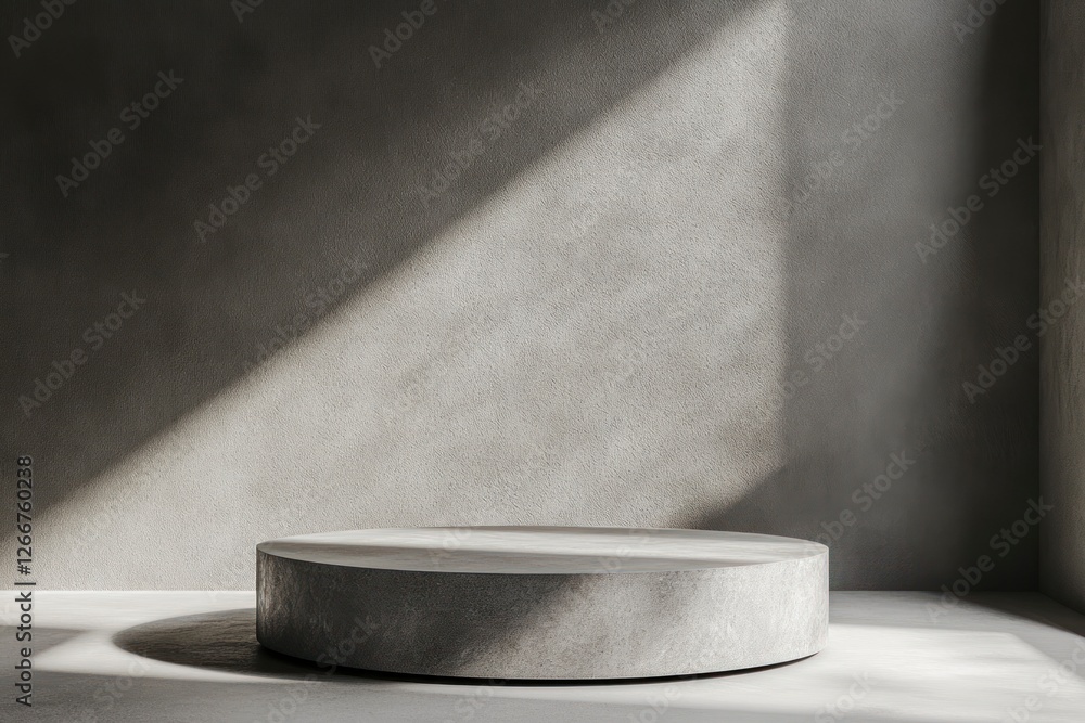 Poster simple gray podium with soft lighting for product display, set against an empty background. the roun