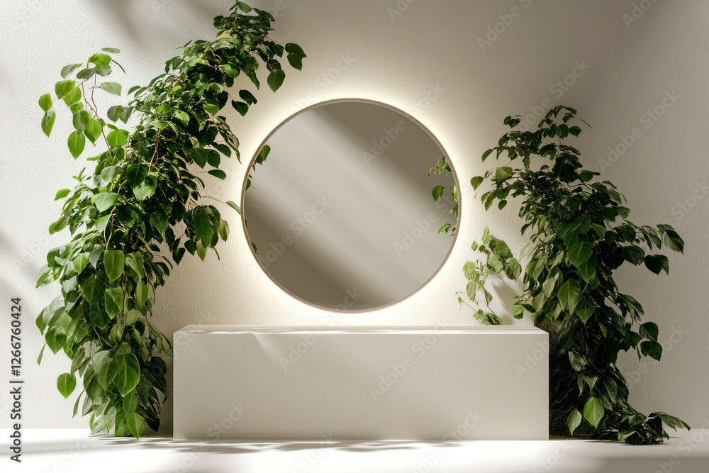 Poster simple and elegant display stand with a white background, a circular mirror in the middle, green lea