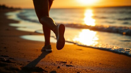 A woman jogs barefoot along the shoreline as the waves lap at her feet, her silhouette glowing against the orange and pink hues of the setting sun. The scene conveys freedom, adventure, and vitality.