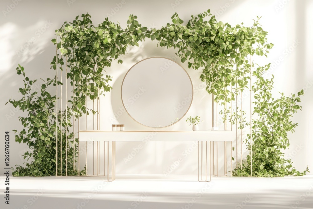 Poster simple and elegant display stand with a white background, a circular mirror in the middle, green lea