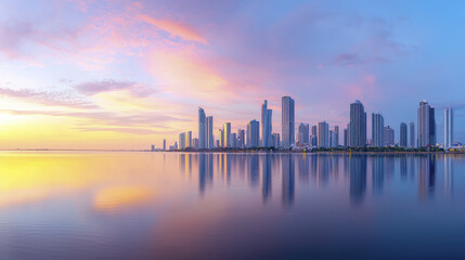 Obraz premium Stunning skyline at sunset reflecting on calm water, showcasing modern architecture and vibrant colors