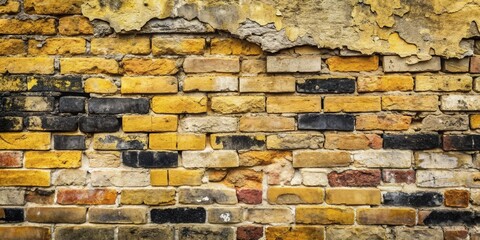 A weathered brick wall displays a striking blend of yellow and dark bricks, with sections of missing mortar and aged plaster, revealing a rich texture and history