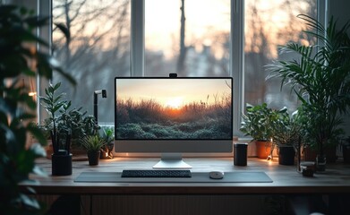 Fototapeta premium Minimalistic workspace with large white monitor and compact laptop illuminated by natural light