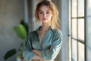 Fototapeta premium Confident Woman in Modern Office Setting with Silky Green Blouse and Beige Pants