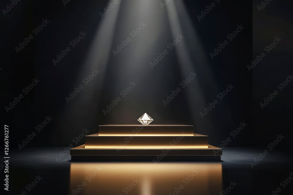Aufkleber golden podium with three steps on the left side of an empty black background, illuminated by light b