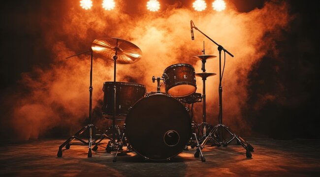 drum set is placed on the stage, surrounded by smoke and spotlights, creating an atmosphere of mystery.