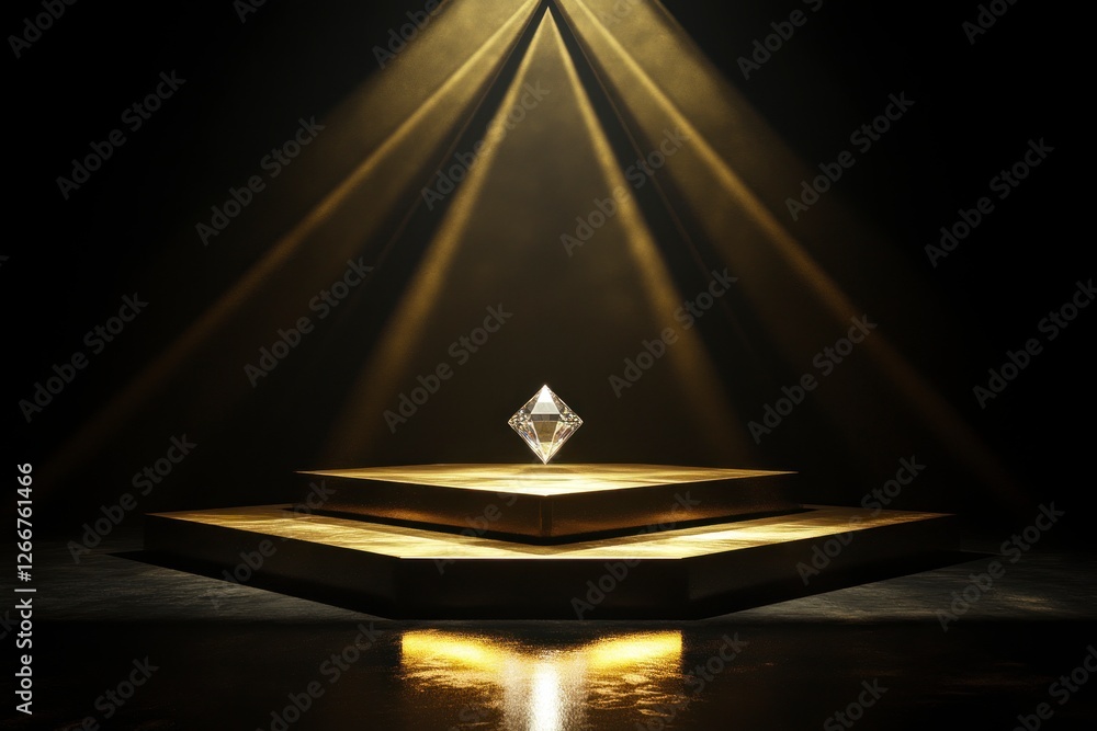 Poster golden podium with three steps on the left side of an empty black background, illuminated by light b