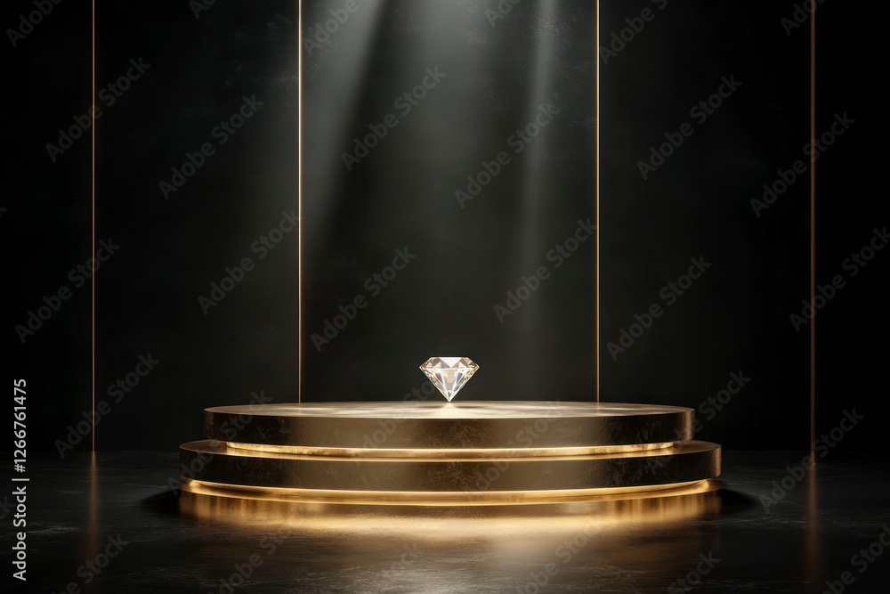 Poster golden podium with three steps on the left side of an empty black background, illuminated by light b