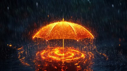 Fiery umbrella in rain, protection concept
