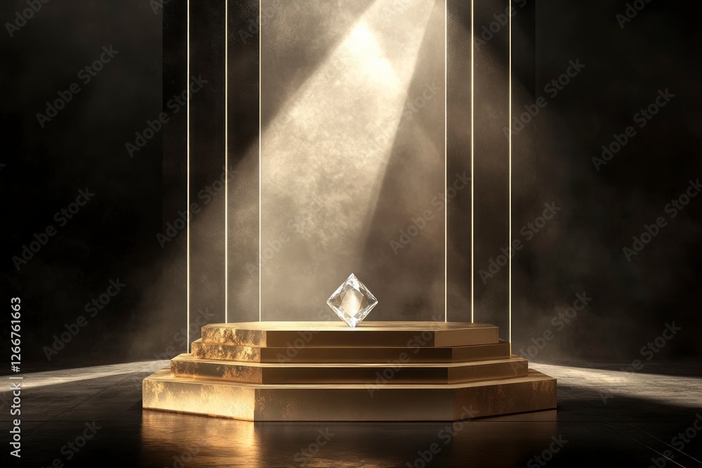 Poster golden podium with three steps on the left side of an empty black background, illuminated by light b