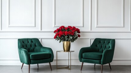 Red roses in vase between green armchairs, white wall background. Romantic setting, ideal for Valentine's Day cards