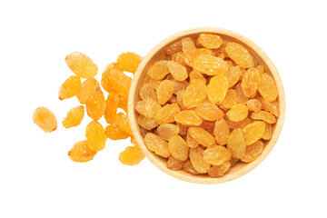 Golden raisins in bowl isolated on white background.