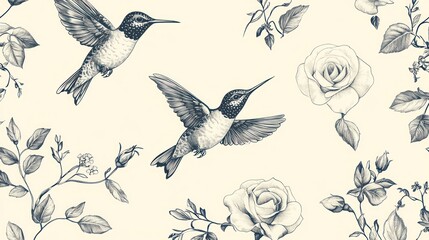 Hummingbirds and roses, garden background, elegant design