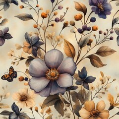 floral watercolor pattern garden roses wildflowers seamless botanical tile background
