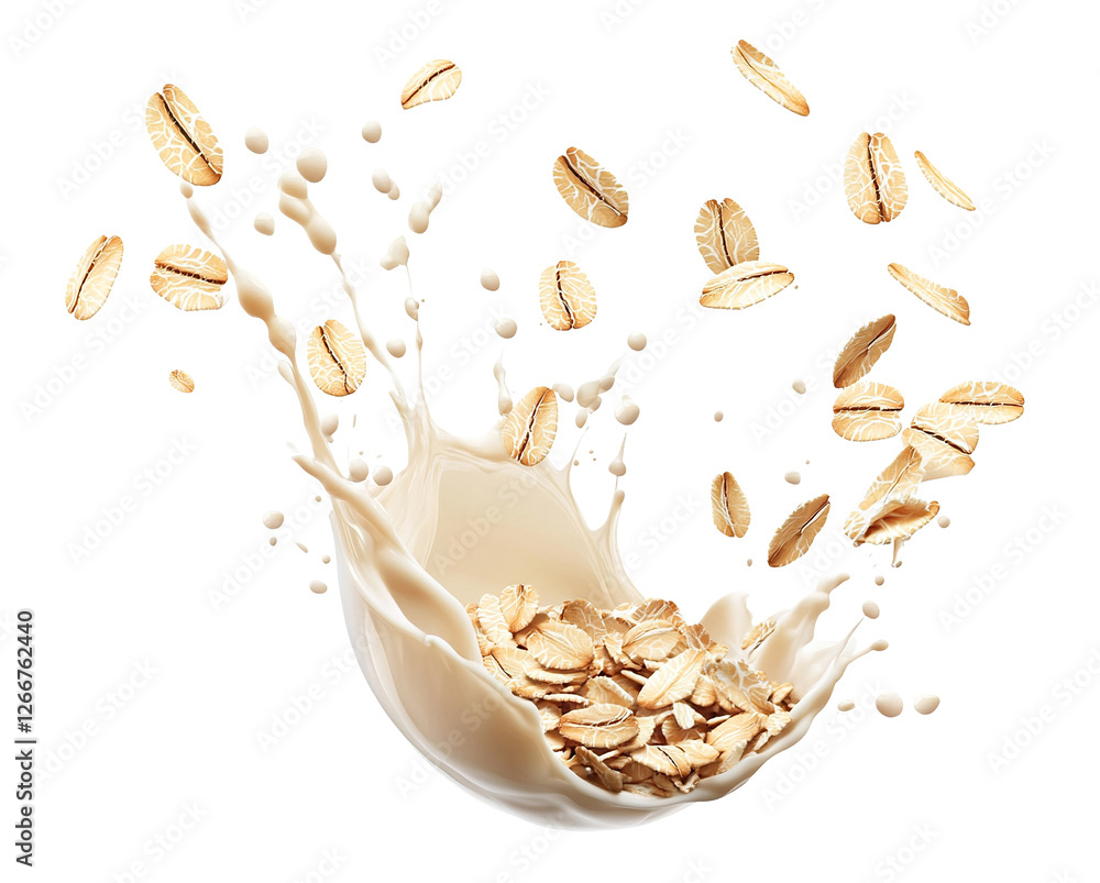 Poster flying oats with milk splash, creating dynamic motion, isolated on transparent cutout background