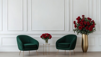 Elegant room, red roses, green chairs, waiting area, interior design