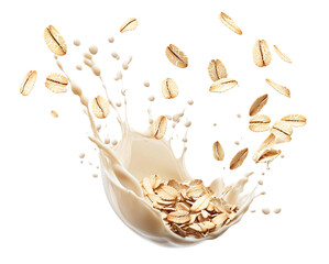 Flying oats with milk splash, creating dynamic motion, isolated on transparent cutout background