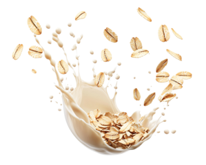 Flying oats with milk splash, creating dynamic motion, isolated on transparent cutout background