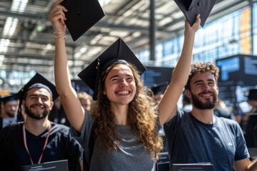 Fototapeta premium Happy graduates, a group of people in a graduation dress and hat smiling and surrounded by confetti. The concept of celebration and accomplishment when children graduate from school or college.