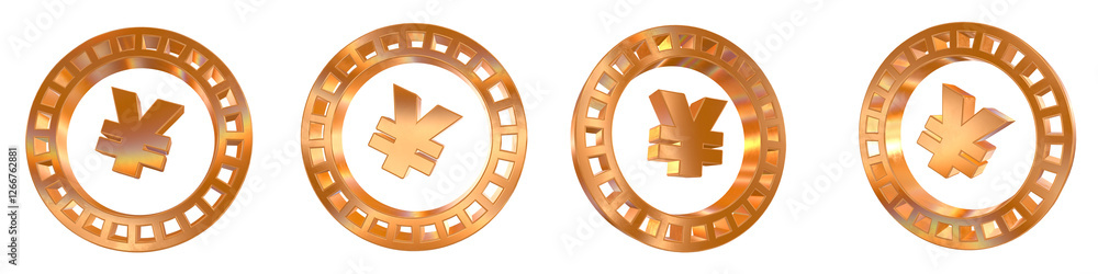 Poster set of 4 3d yen coin shapes with golden and rainbow effects isolated on a transparent background. 3d