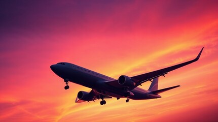 A dramatic image of a commercial airplane soaring into the sky against a colorful sunset, symbolizing adventure, travel excitement, and the thrill of spring break vacations.