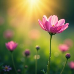 Obraz premium Delicate wildflowers bathed in soft morning sunlight, dew-kissed petals , plant, wallpaper