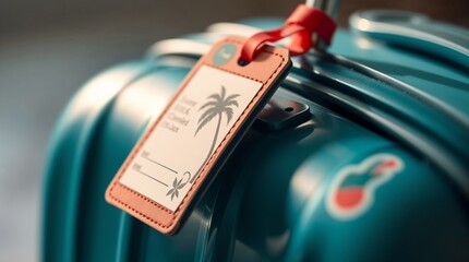 A suitcase with a tropical-themed tag featuring a palm tree and a sunset, evoking the essence of a beach vacation.