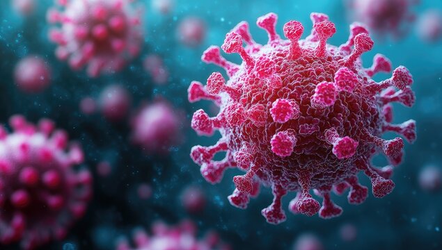 Close up of a stylized virus, vibrant pink with pixelated structure, surrounded by smaller, blurred virus particles in a dark teal background, suggesting scientific or medical research. High contrast - Powered by Adobe