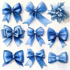 Watercolor Blue Ribbons and Bows Collection Hand Drawn on White Background Decorative Graphic Art