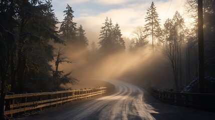 Obraz premium Misty Morning Sunlight Path