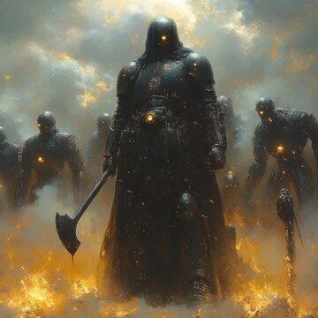 Dystopian Viking Warrior with Axe Battling Robots Under Stormy Sky