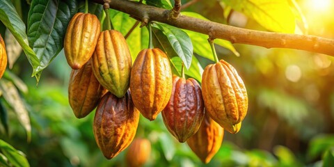 Sunlit Cacao Pods Hanging on Lush Green Branches in a Tropical Orchard