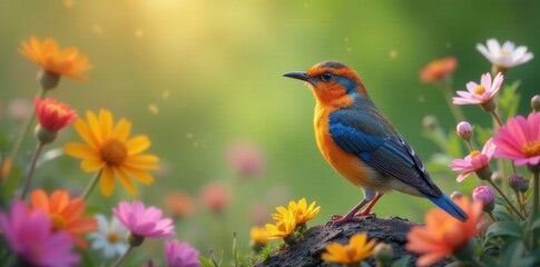 Fototapeta premium Floral bird perched amidst blooming wildflowers, beauty, bloom