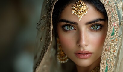 Elegant Indian Woman in Traditional Dress with Gold Jewelry and Intricate Embroidery