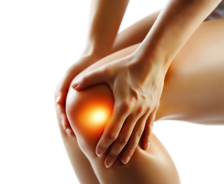 Person suffering from knee pain holding joint, isolated on transparent cutout background