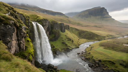 Obraz premium Waterfall in a green valley with a river