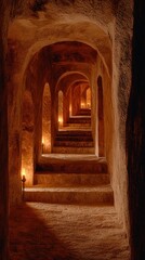 Underground passage, candlelit stairs, ancient architecture, historical site, travel photography