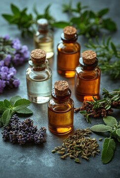 Fresh Herbs and Essential Oils for Natural Beauty and Wellness on Rustic Stone Table
