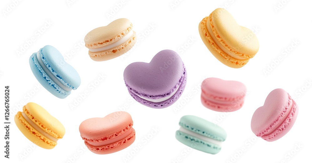 Poster set of colorful heart-shaped macarons floating in air, isolated on transparent cutout background