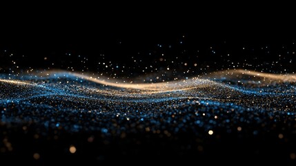 Delicate shimmering blue and gold glitter lights scattered on a rich black background,