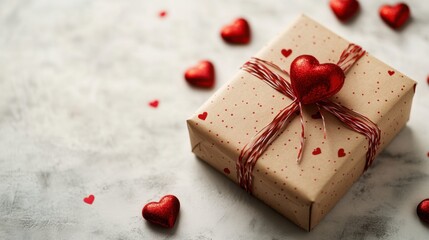 Gift box with a red bow decorated with hearts on a white background