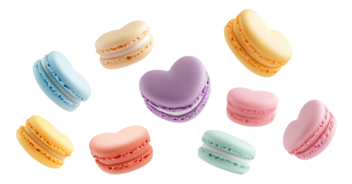 Set of colorful heart-shaped macarons floating in air, isolated on transparent cutout background