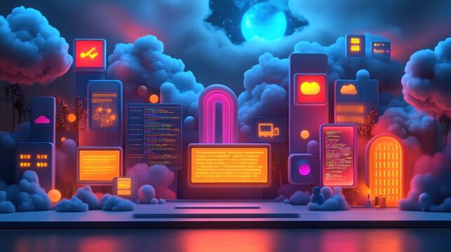 Colorful 3D Coding Interfaces with Vibrant Code Snippets and Playful Icons in Modern Cartoon Style