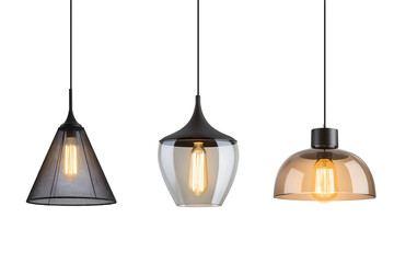 Set of different modern hanging lamps on white background.