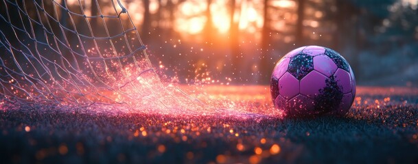 Dynamic soccer ball hitting the net in vibrant colors with motion effects